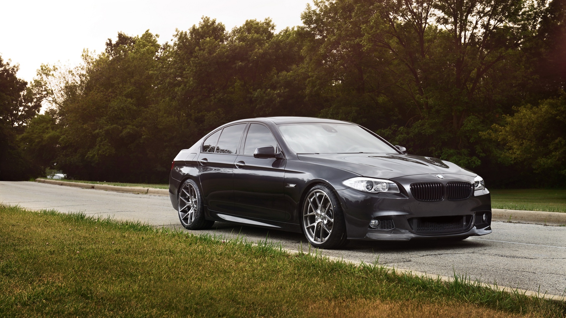 car, vehicle, gray, grass, road, bmw, bmw 5 series