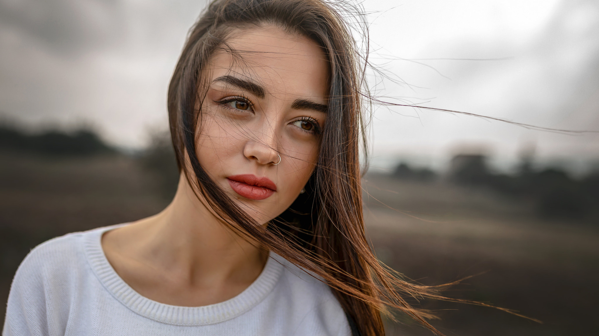 women, face, portrait, nose ring, hair in face, women outdoors, red lipstick