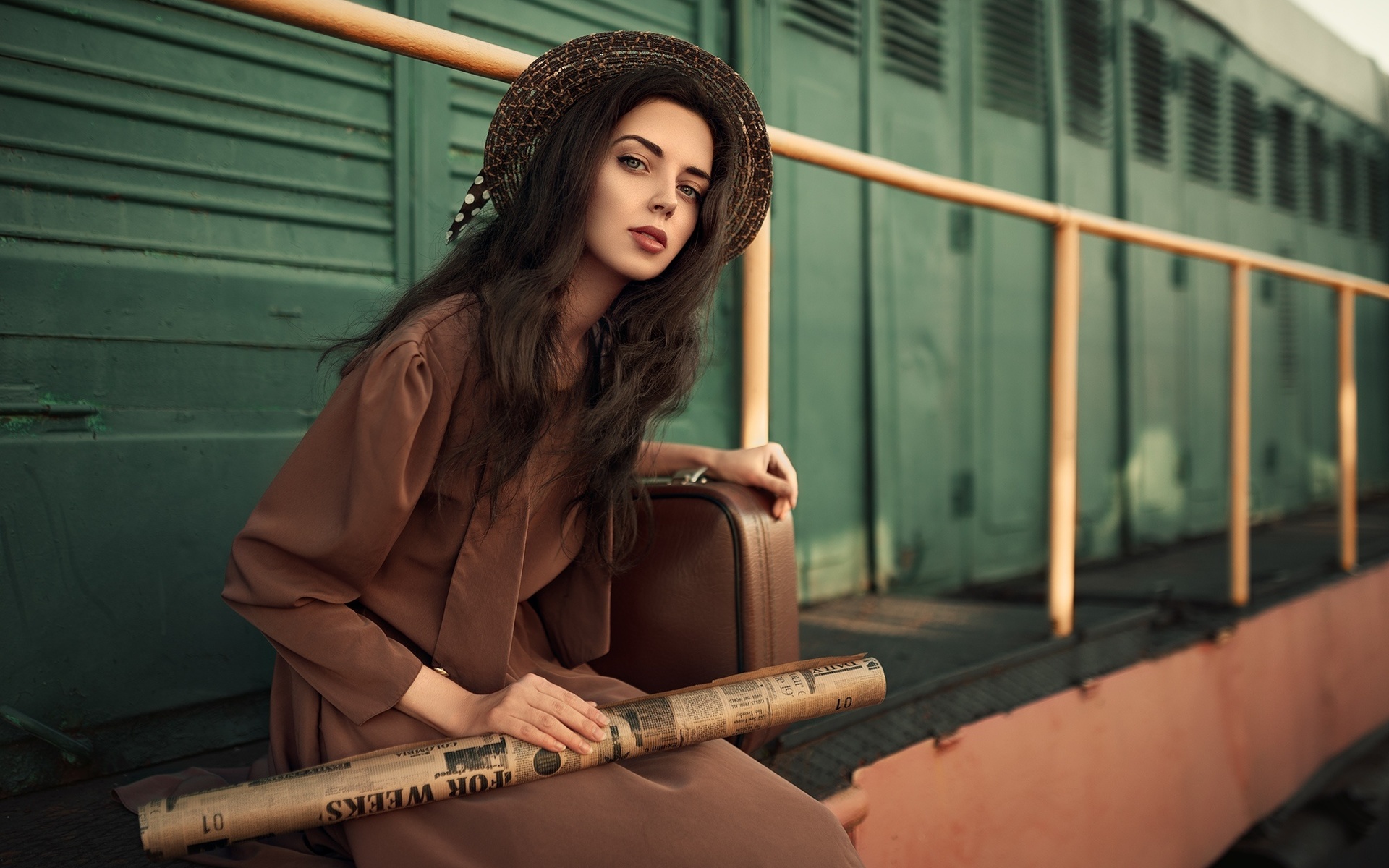 women, portrait, sitting, suitcase, hat, dress, long hair