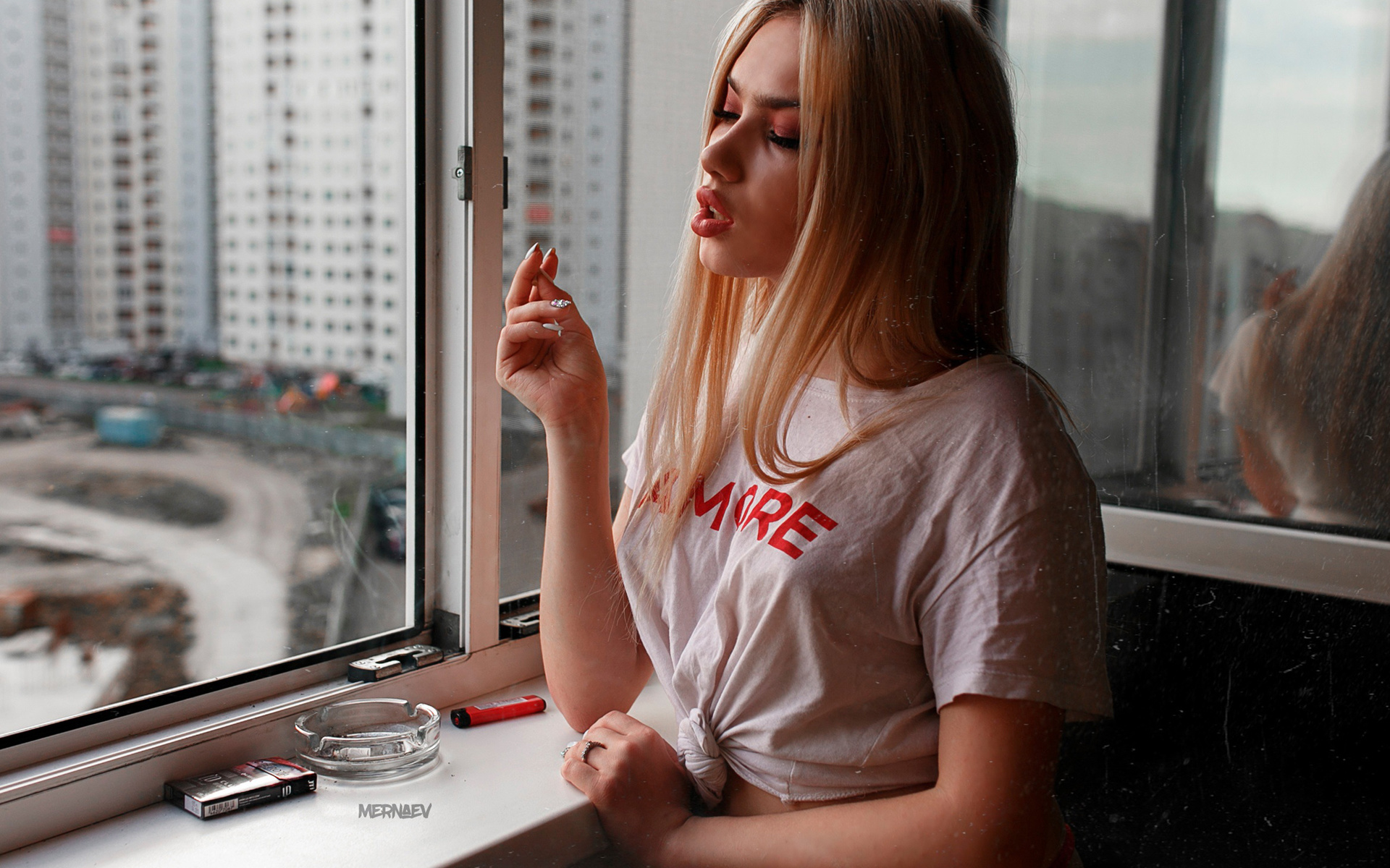 women, blonde, portrait, window, t-shirt, cigarettes, reflection