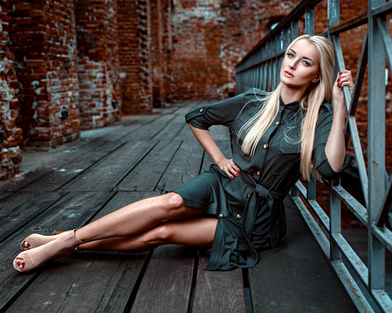 women, damian piorko, blonde, red nails, dress, portrait, sitting, bricks, stairs