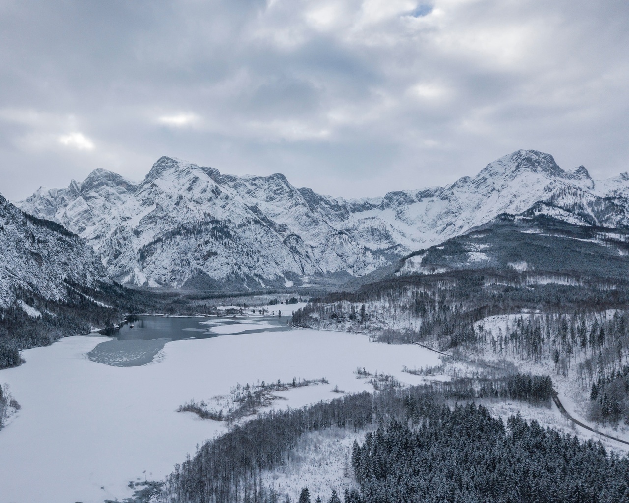 austria, almsee, lake, snow, mountain, winter, clouds, , , 