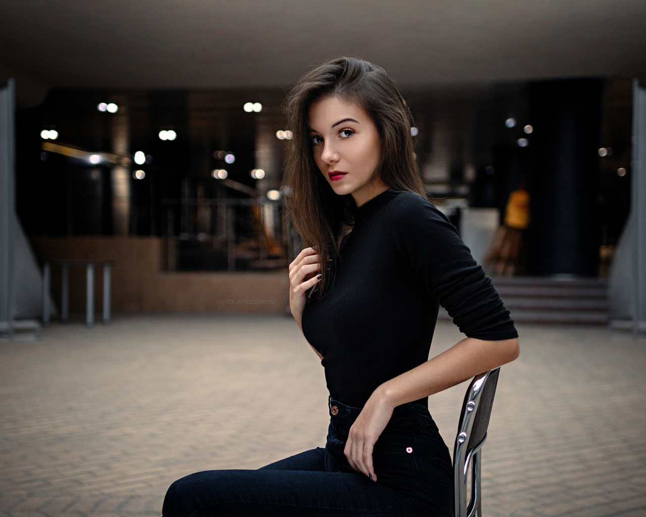 women, portrait, jeans, sitting, chair, red lipstick, nikola todorov,  