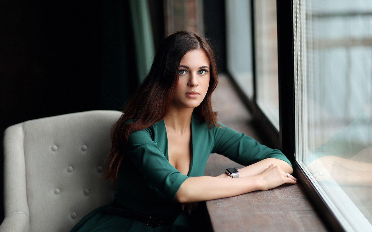 women, dmitry arhar, green dress, portrait, green eyes, window, belt