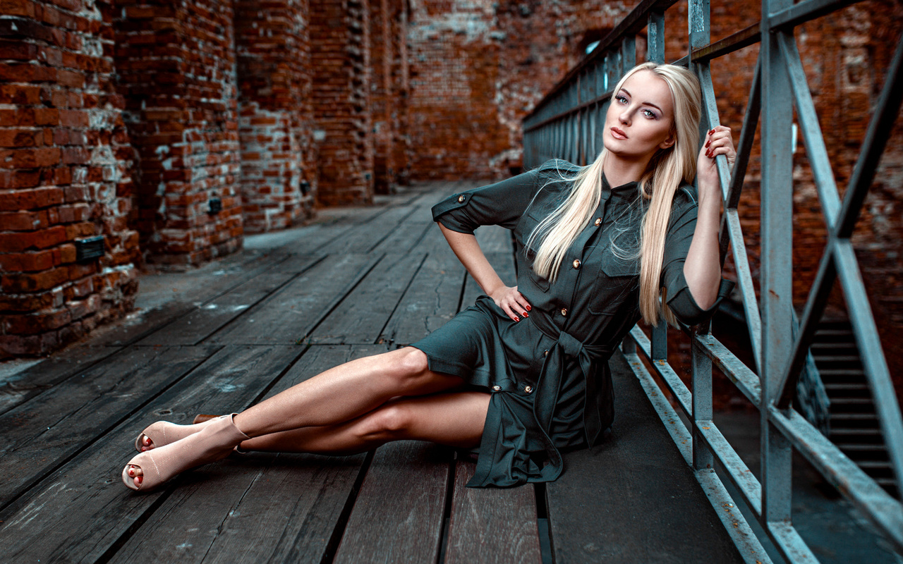 women, damian piorko, blonde, red nails, dress, portrait, sitting, bricks, stairs