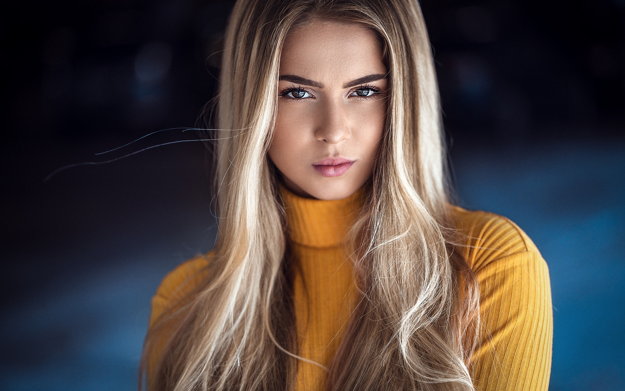 women, blonde, portrait, pink lipstick, turtlenecks, anatoli oskin, anne pfeifer