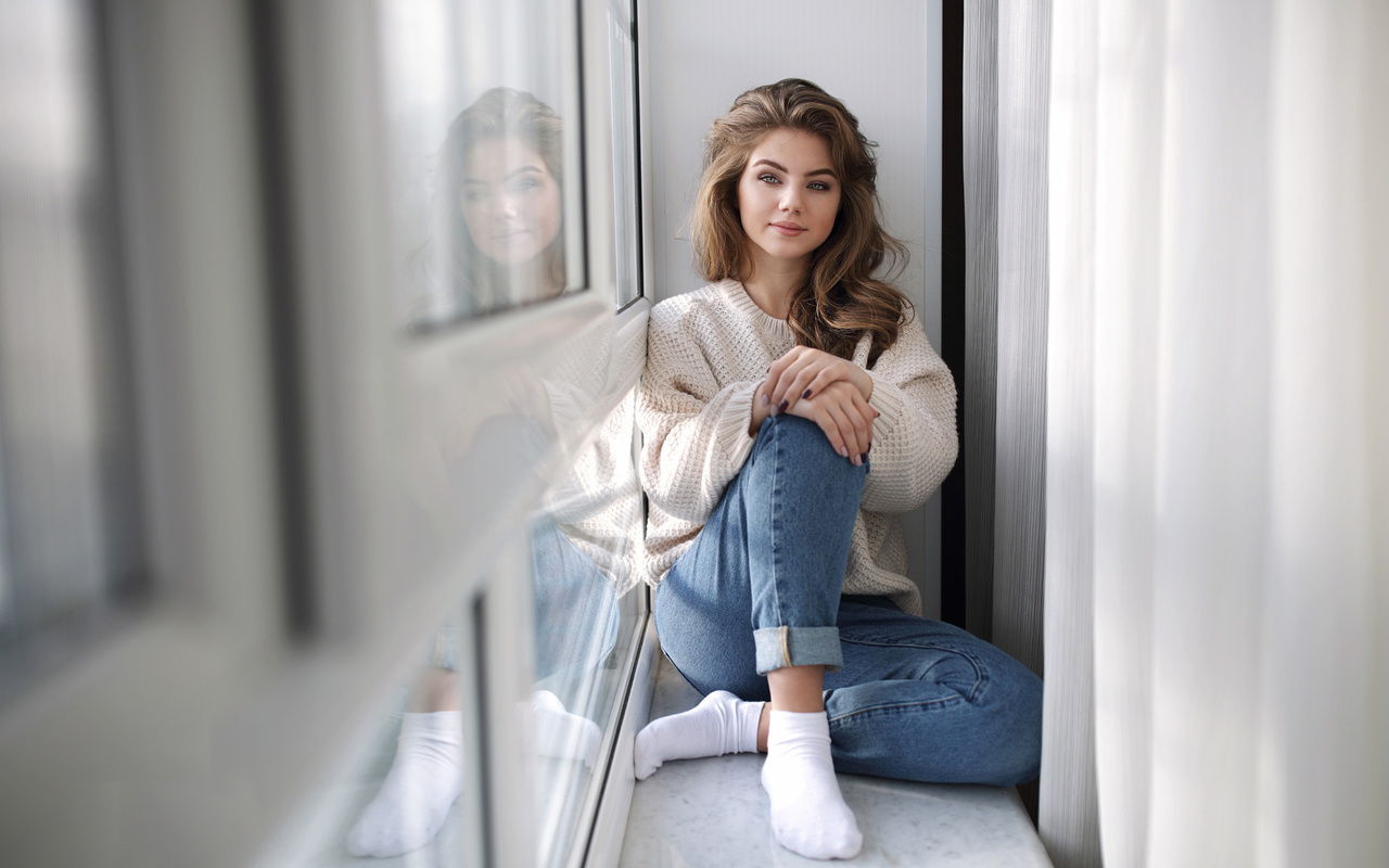 women, sitting, jeans, window, smiling, reflection, portrait, socks, margarita, murat kuzhakhmetov