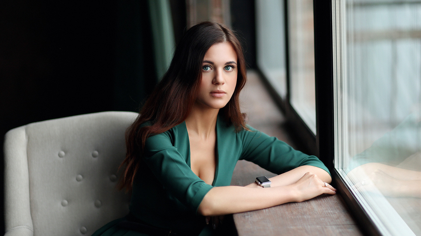 women, dmitry arhar, green dress, portrait, green eyes, window, belt