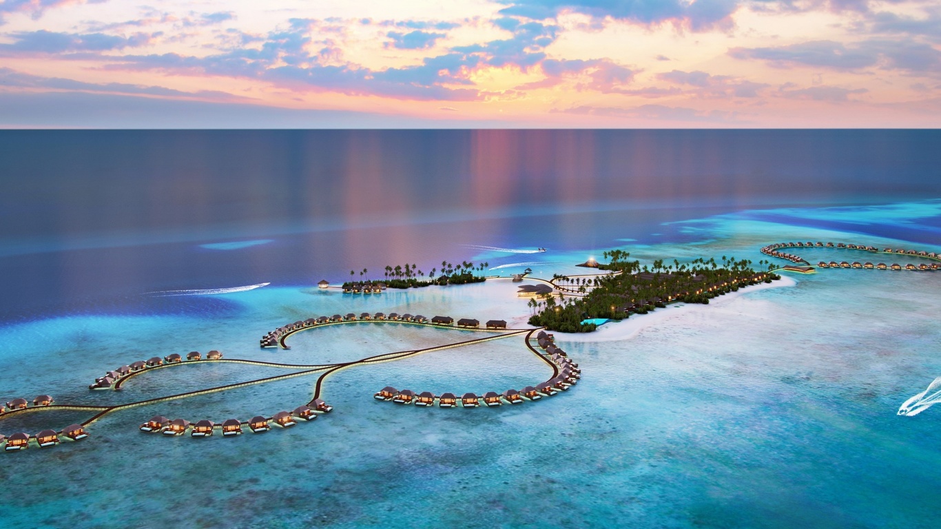 maldives, ocean, tropical islands, luxury hotel, bungalow, evening, sunset