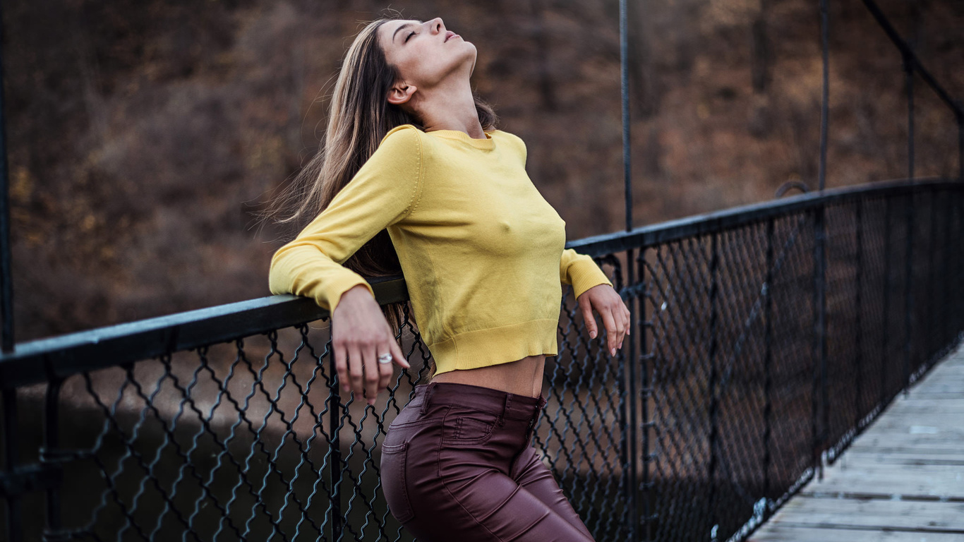 women, pants, bridge, portrait, women outdoors, nipples through clothing, closed eyes, borislav georgiev, borislav georgiev