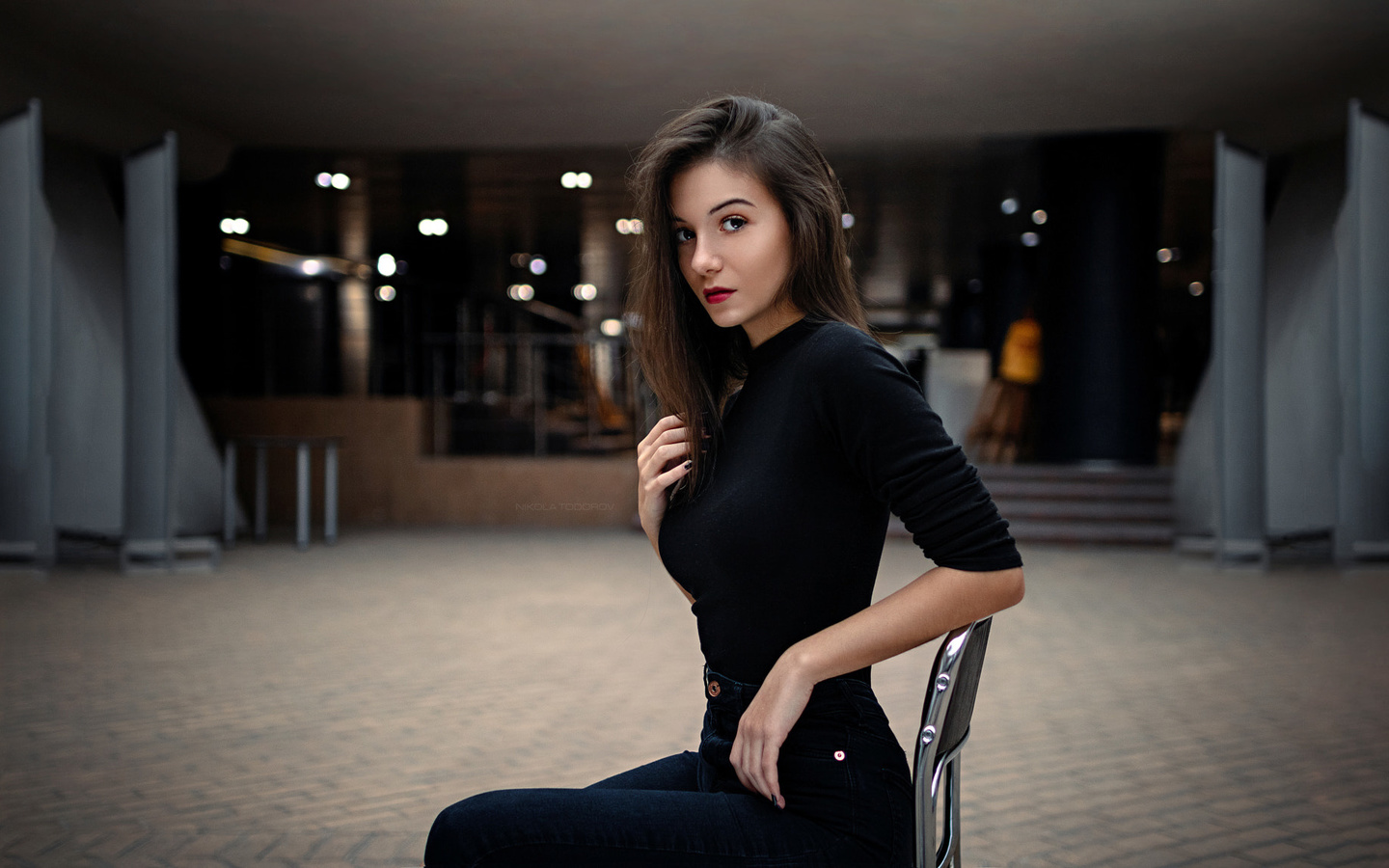 women, portrait, jeans, sitting, chair, red lipstick, nikola todorov,  