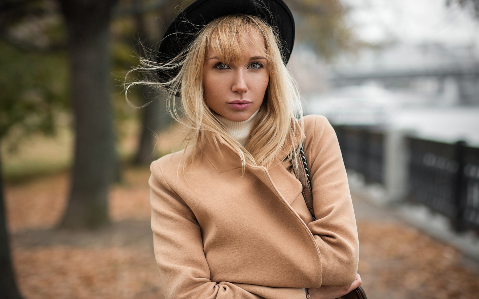 women, blonde, hat, pink lipstick, trees, women outdoors, coats, andrey vechkenzin,nastya ivanova