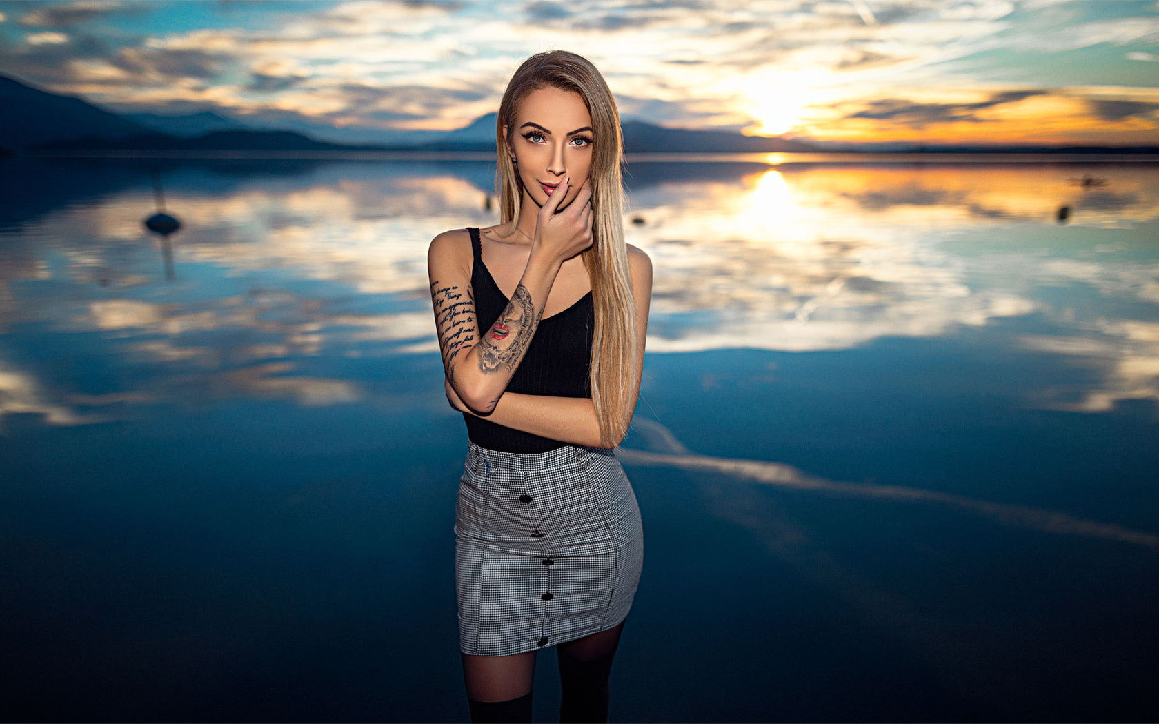 women, blonde, tattoo, portrait, long hair, sunset, skirt, finger on lips, water