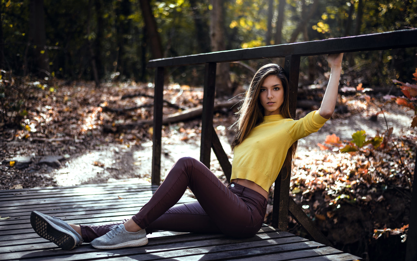 women, pants, bridge, portrait, women outdoors, sitting, sneakers, trees, nipples through clothing, borislav georgiev