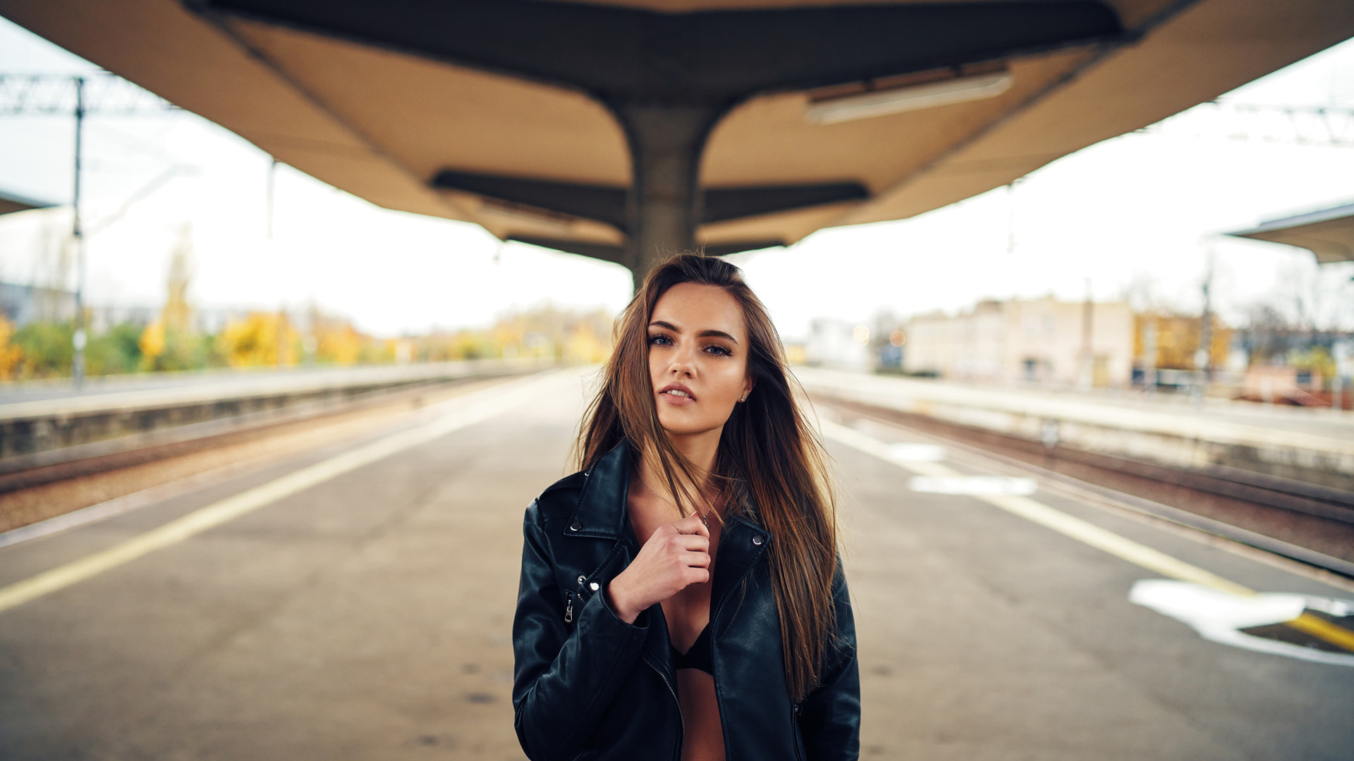 women, portrait, leather jackets, black bras, blue eyes