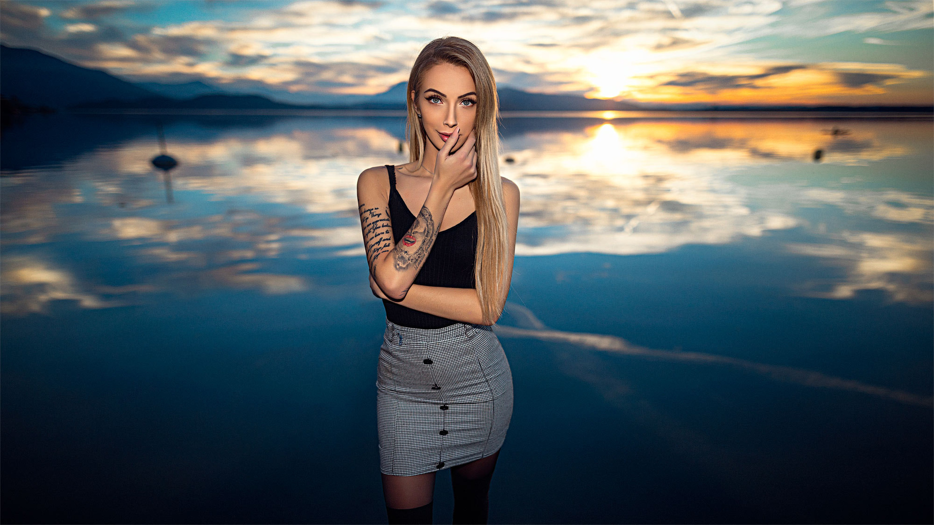 women, blonde, tattoo, portrait, long hair, sunset, skirt, finger on lips, water