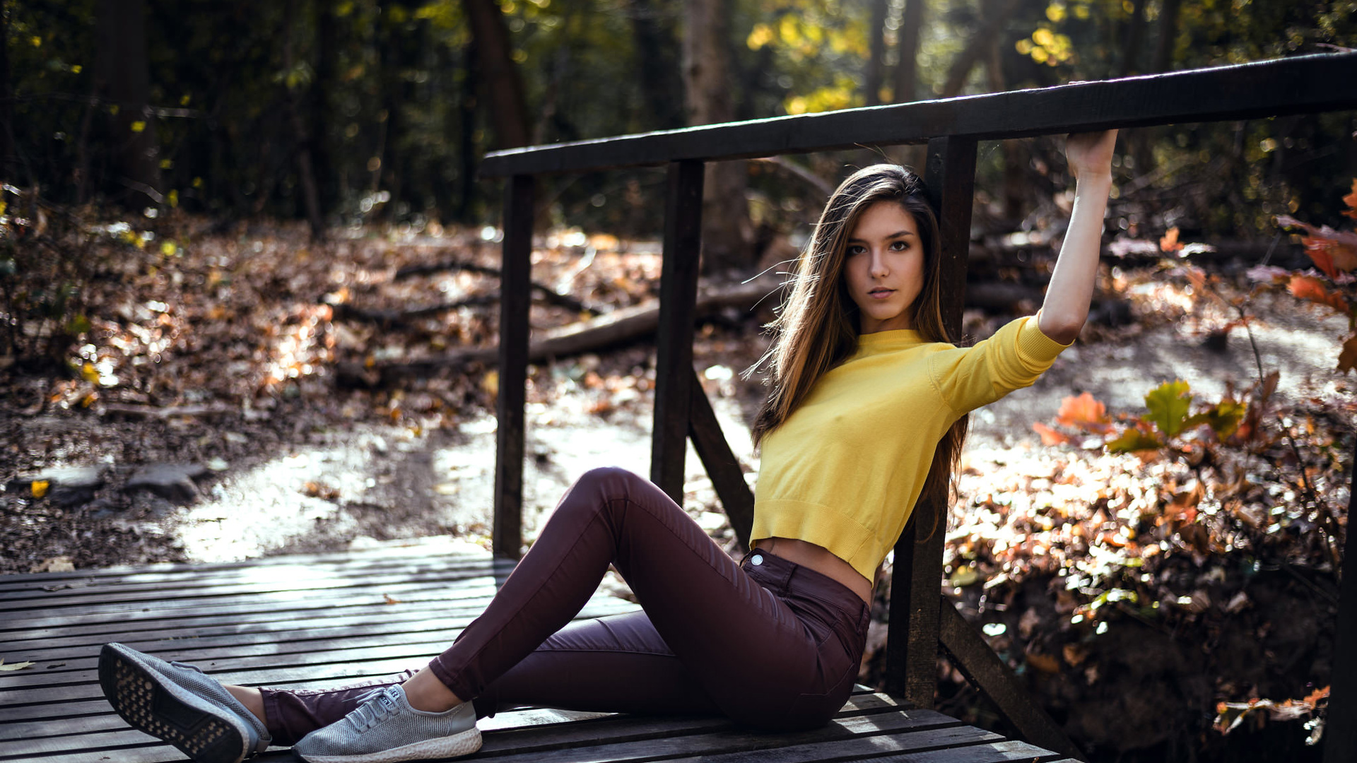 women, pants, bridge, portrait, women outdoors, sitting, sneakers, trees, nipples through clothing, borislav georgiev