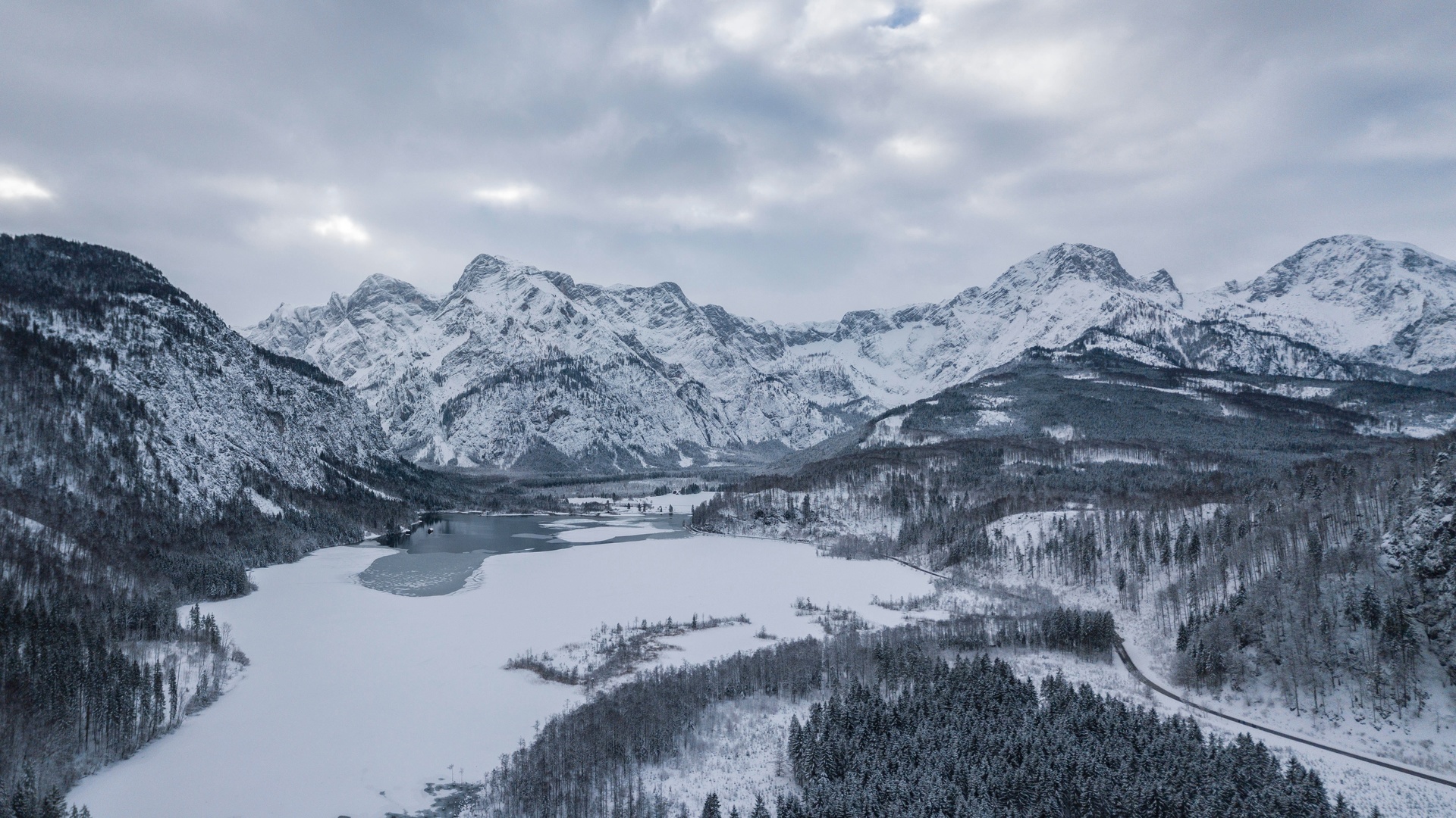 austria, almsee, lake, snow, mountain, winter, clouds, , , 