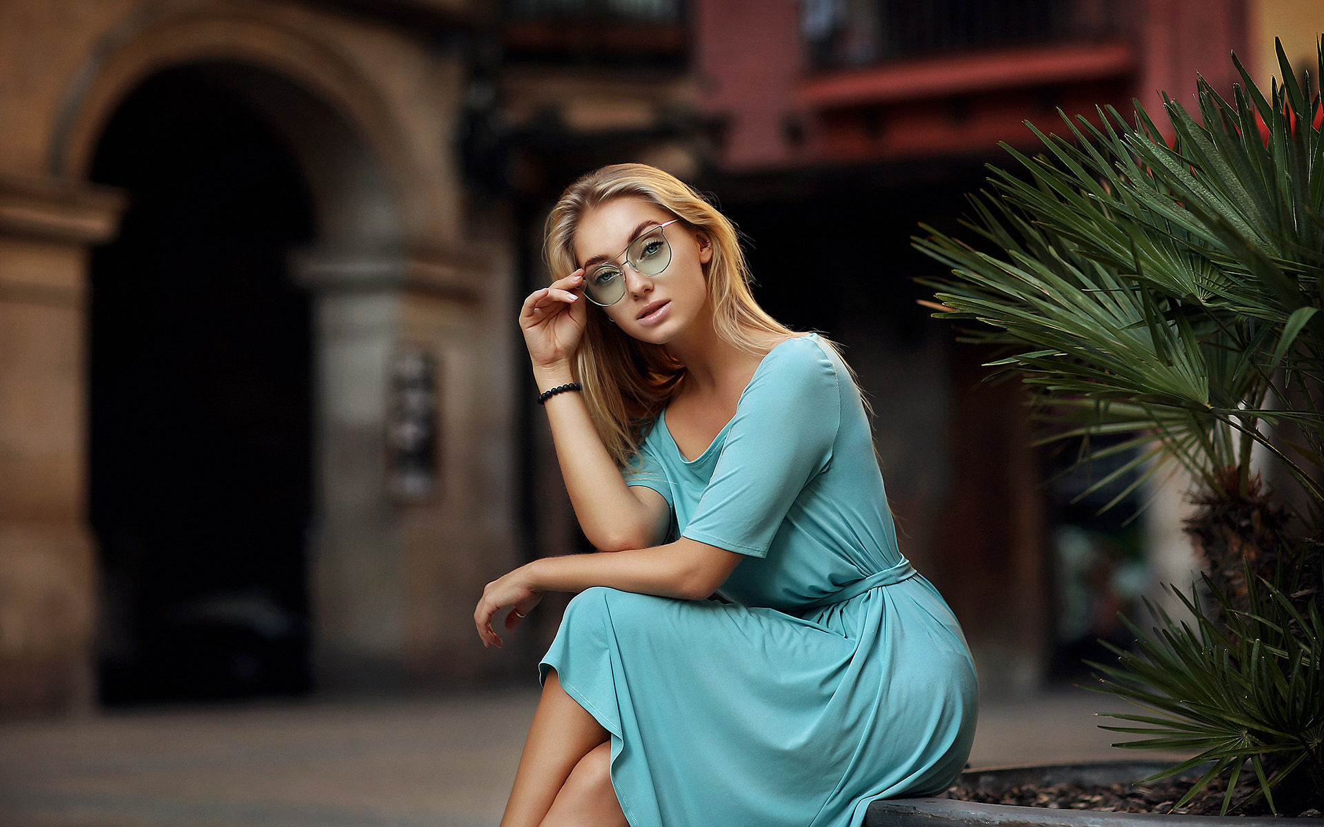 women, dmitry arhar, blonde, sitting, portrait, dress, women with glasses