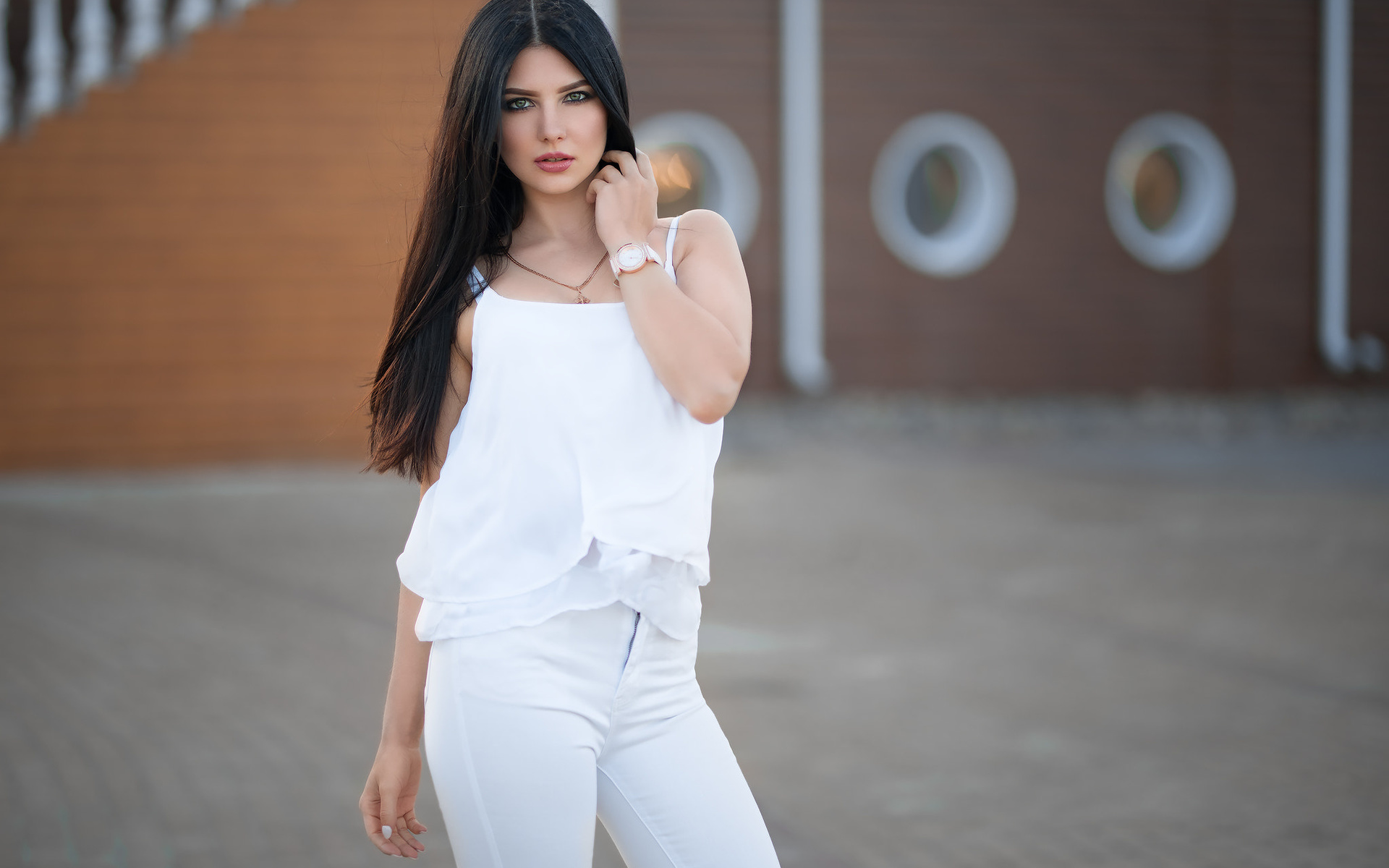 women, dmitry sn, white clothing, portrait, white nails, necklace