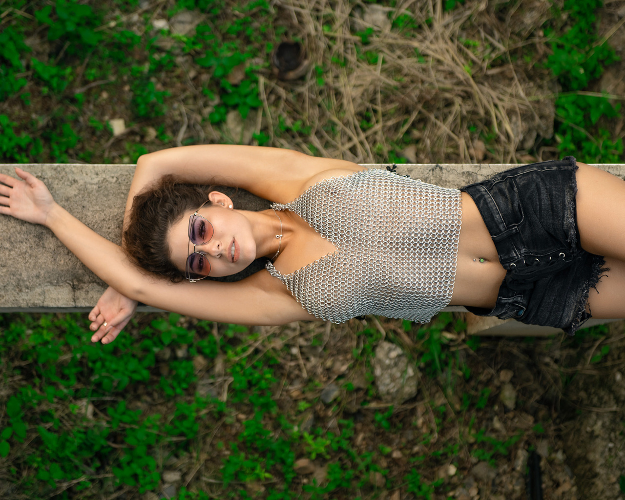 women, top view, belly, coat of mail, jean shorts, women with glasses, armpits, lying on back, pierced navel