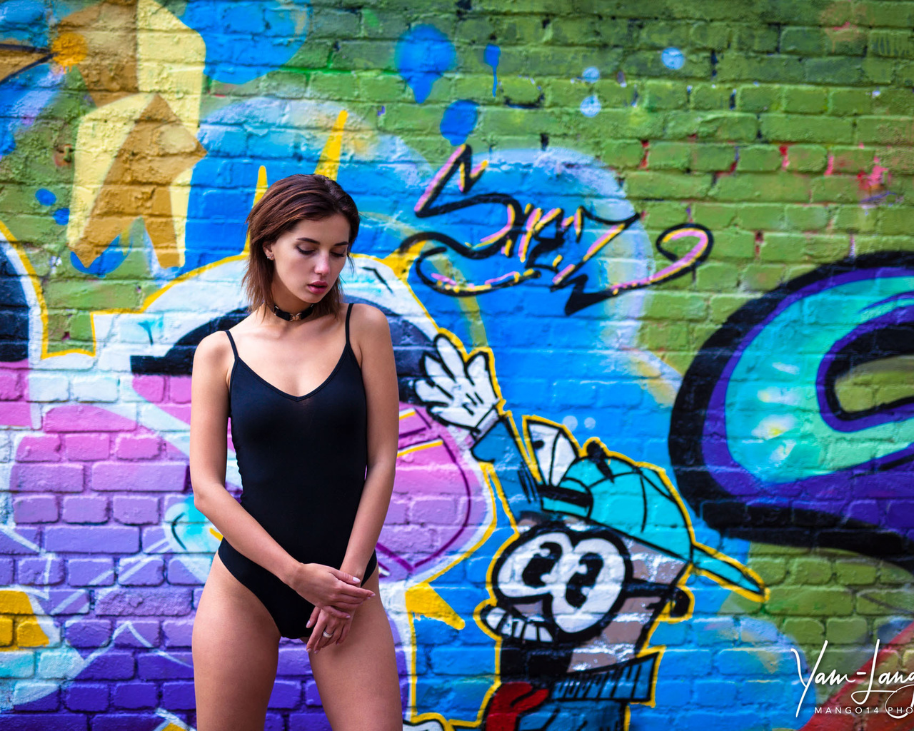 women, portrait, leotard, choker, wall, graffiti, brunette, yam-lang lee, 