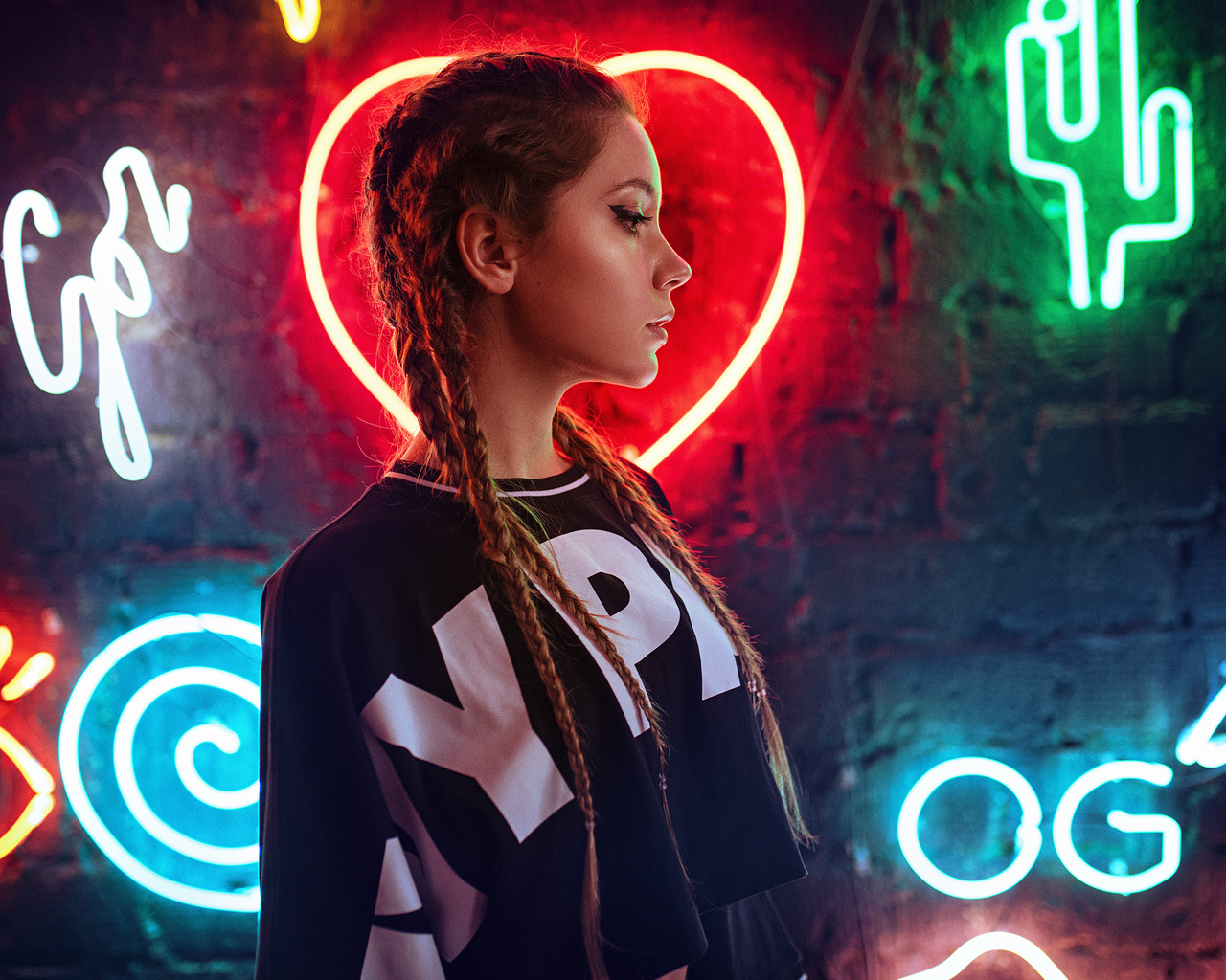 women, ksenia kokoreva, pigtails, portrait, profile, neon, wall,  , , yuriy lyamin, 