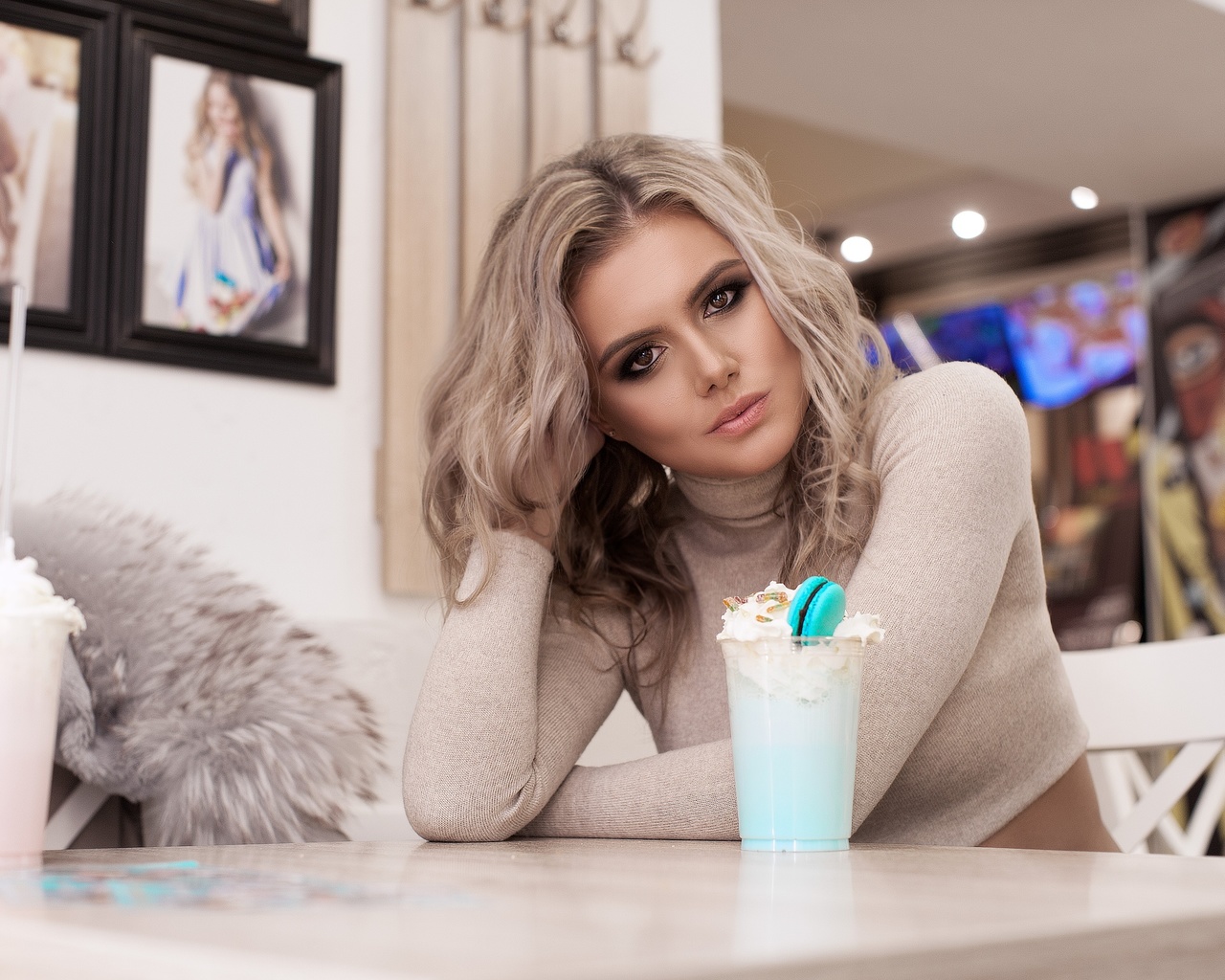 women, blonde, brunette, portrait, sitting, fur coats, chair, table