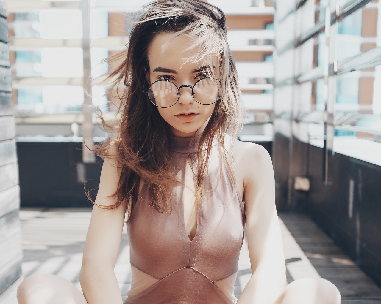 women, portrait, one-piece swimsuit, building, women with glasses