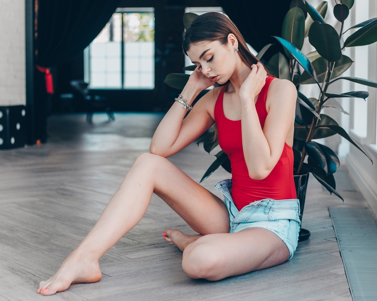 women, sitting, plants, on the floor, portrait, one-piece swimsuit, window