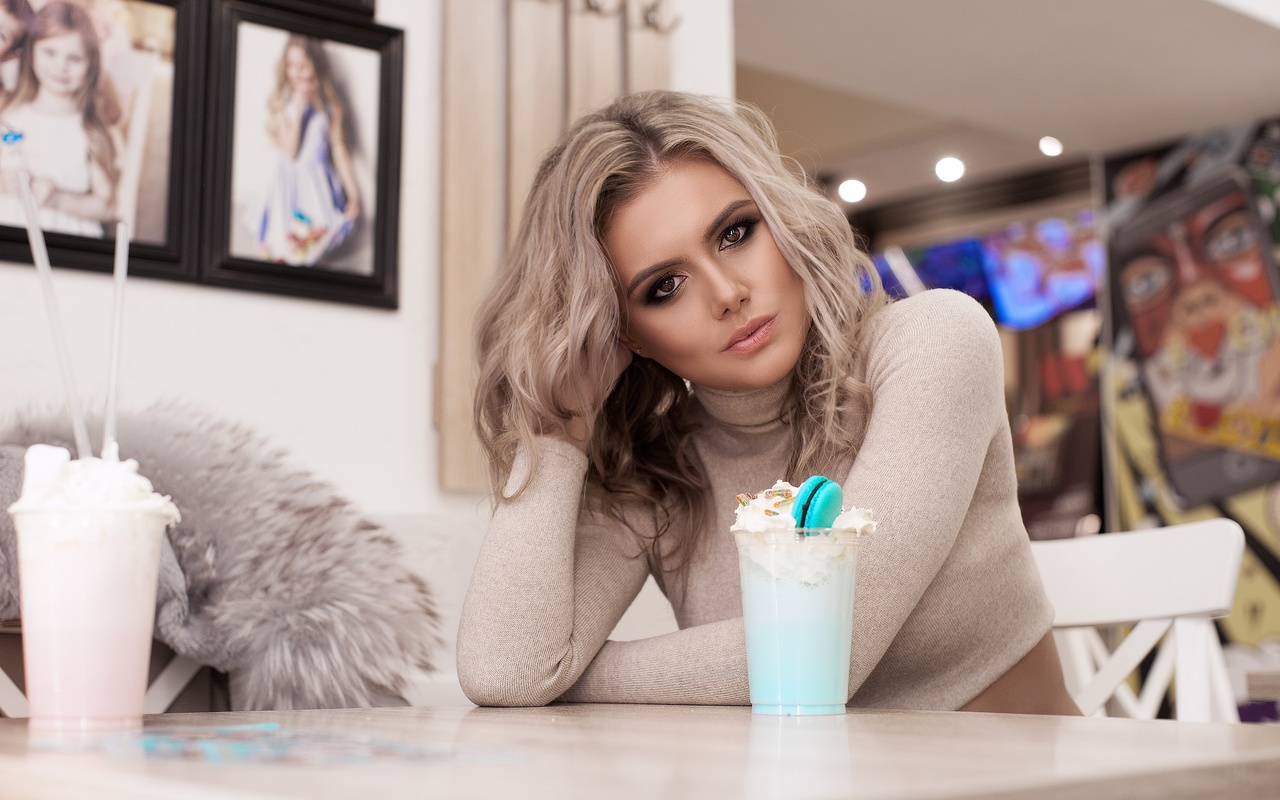 women, blonde, brunette, portrait, sitting, fur coats, chair, table