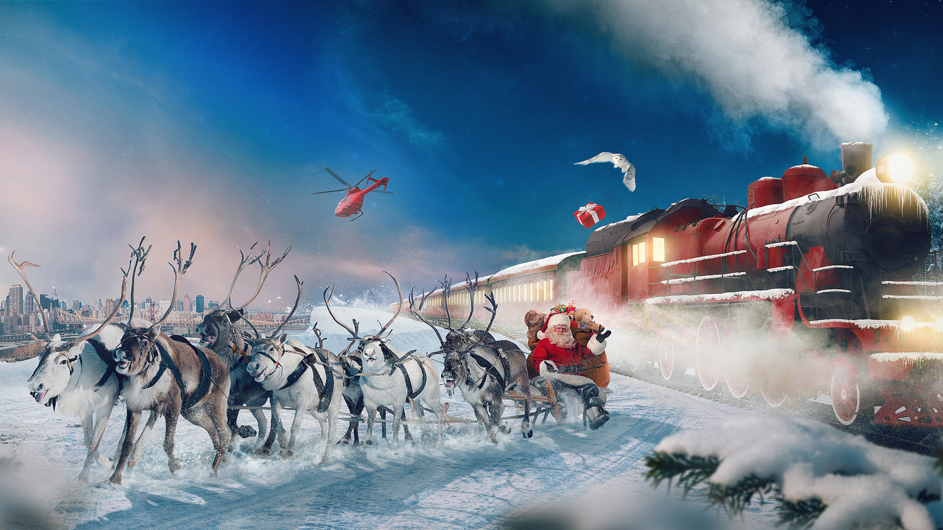 polar express, reindeer chariot, santa claus, gifts, winter, snow