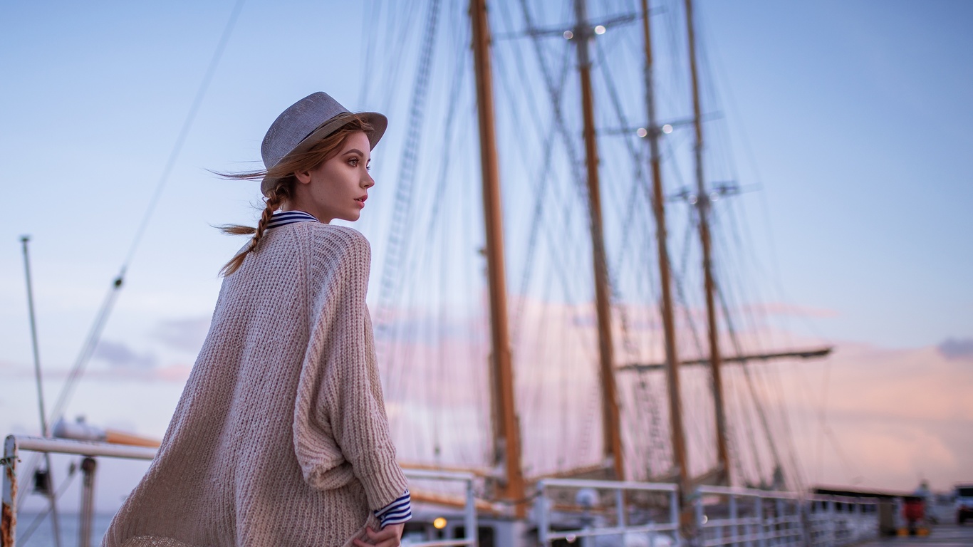 women, pier, pigtails, boat, hat, ksenia kokoreva, looking away, women outdoors,   ,  ,yuriy lyamin