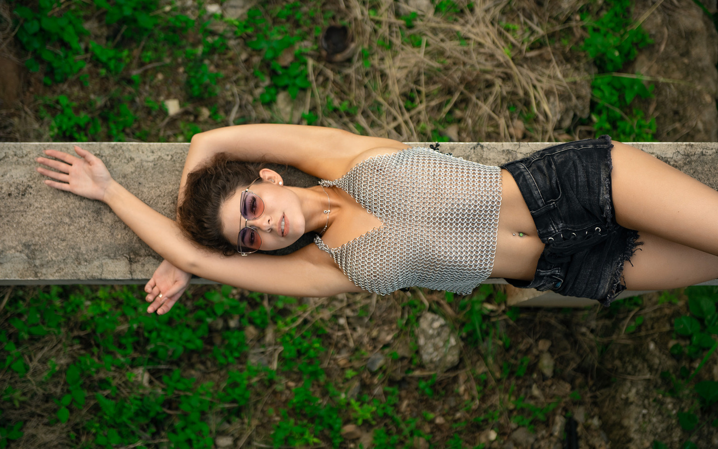 women, top view, belly, coat of mail, jean shorts, women with glasses, armpits, lying on back, pierced navel