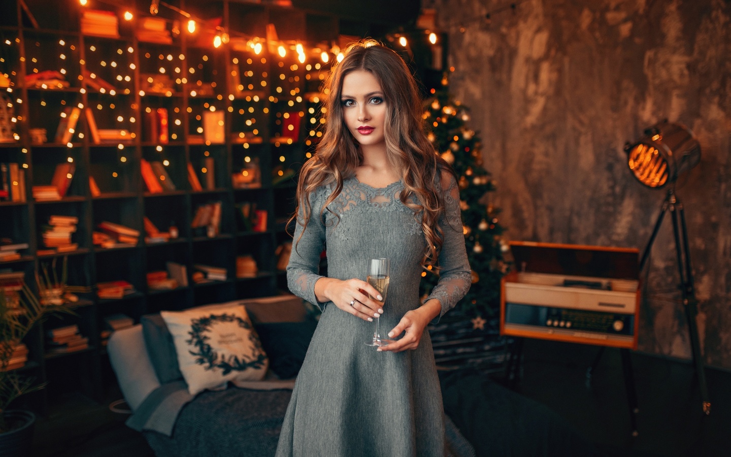 women, portrait, dress, drinking glass, bed, painted nails, red lipstick, christmas tree, , 