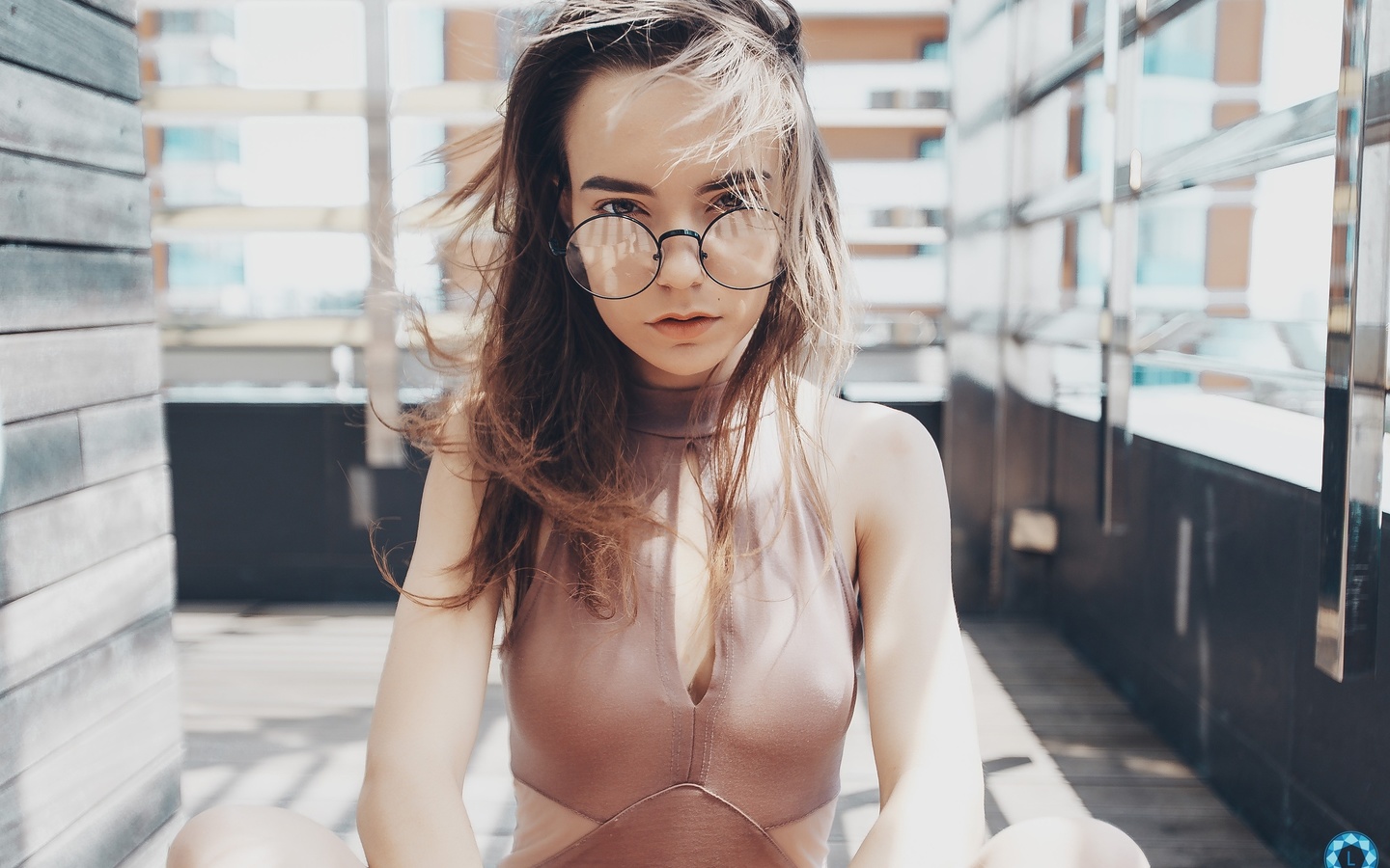 women, portrait, one-piece swimsuit, building, women with glasses