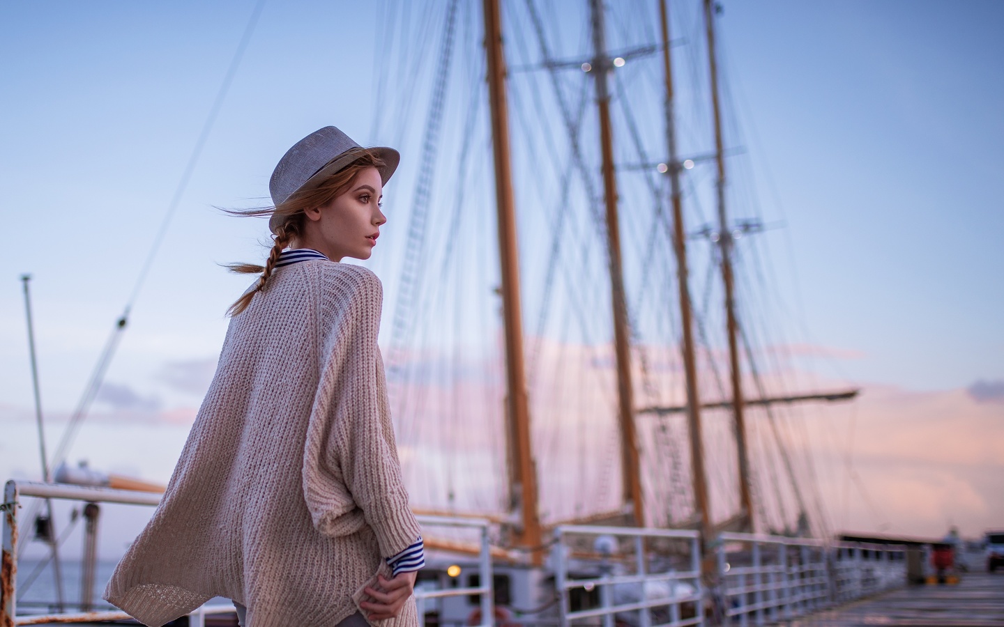 women, pier, pigtails, boat, hat, ksenia kokoreva, looking away, women outdoors,   ,  ,yuriy lyamin