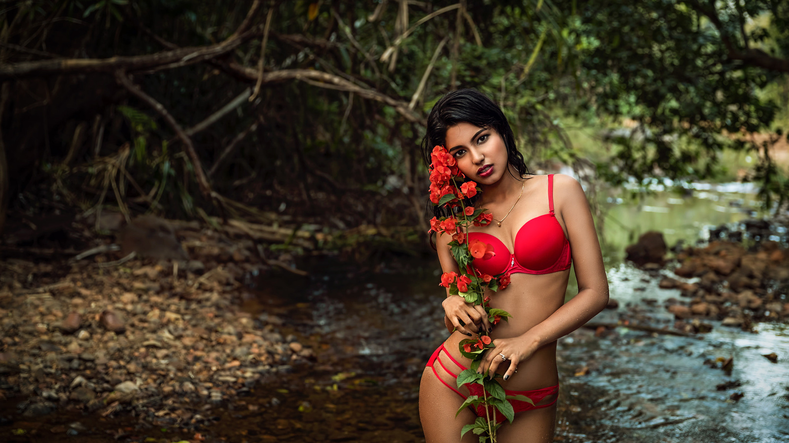 women, river, red lingerie, necklace, red lipstick, black nails, wet body, wet hair, brunette, water drops, women outdoors, flowers