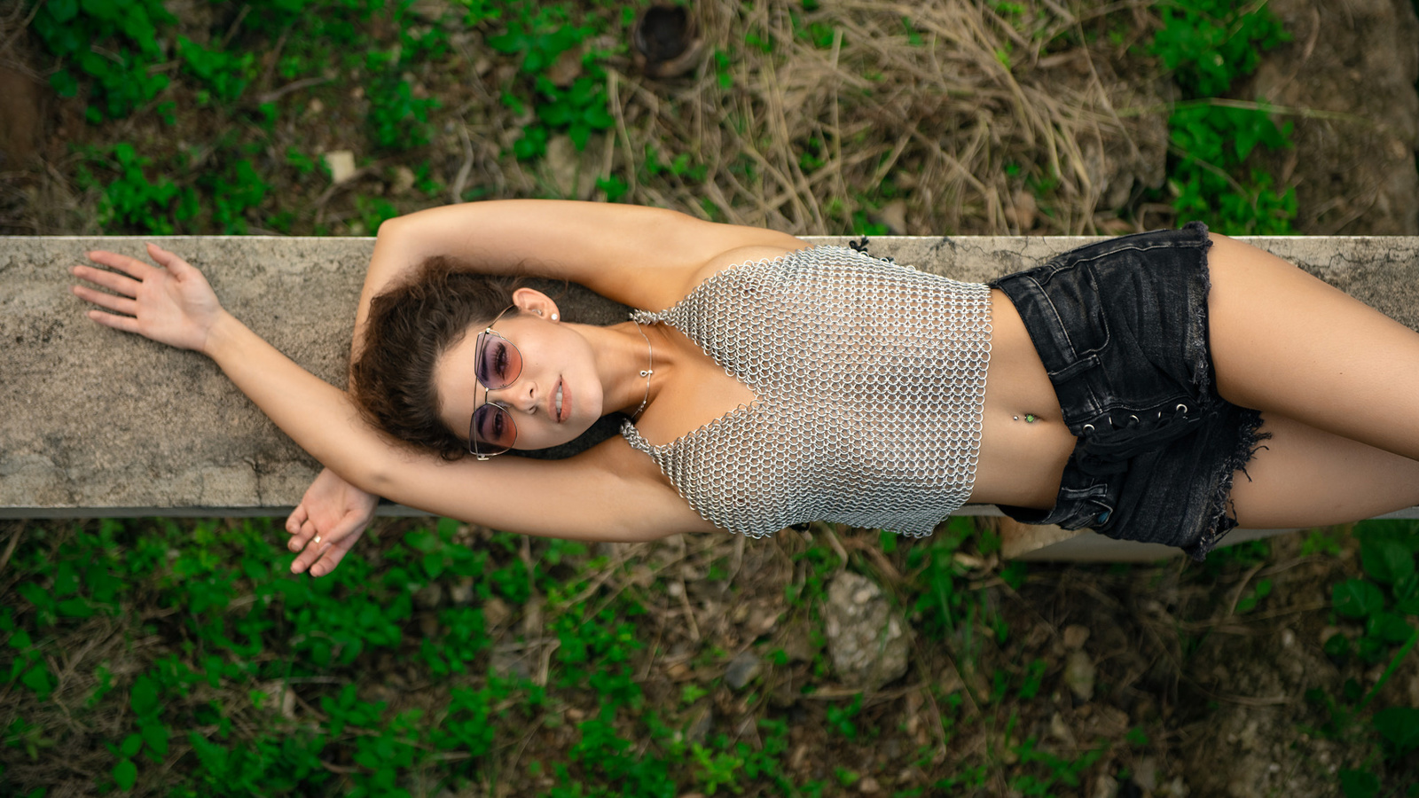 women, top view, belly, coat of mail, jean shorts, women with glasses, armpits, lying on back, pierced navel