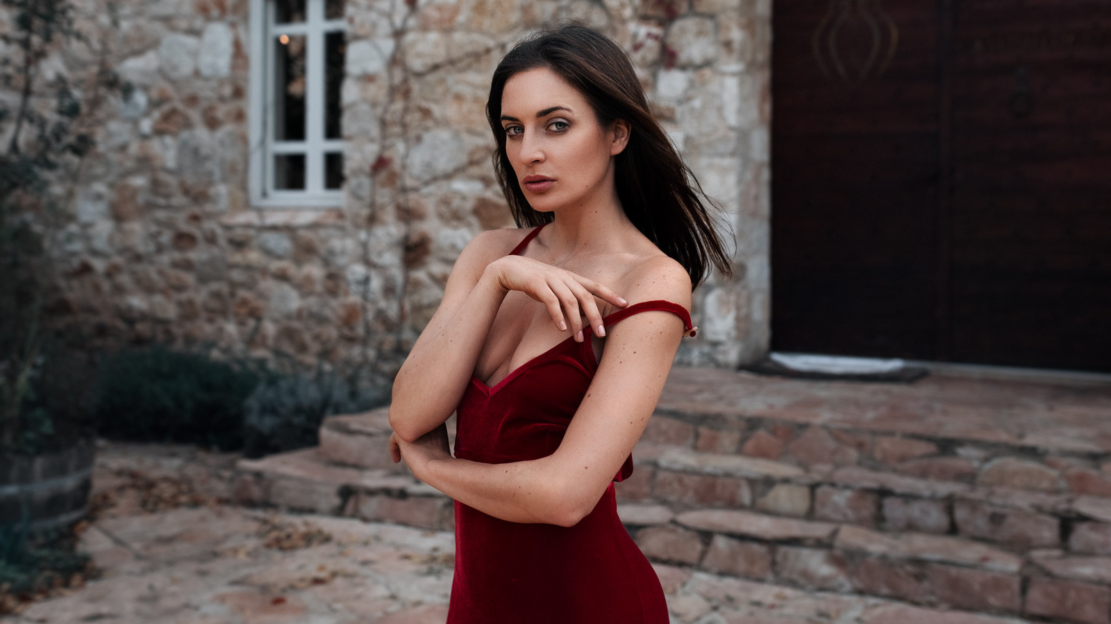 women, portrait, red dress, women outdoors, window, door