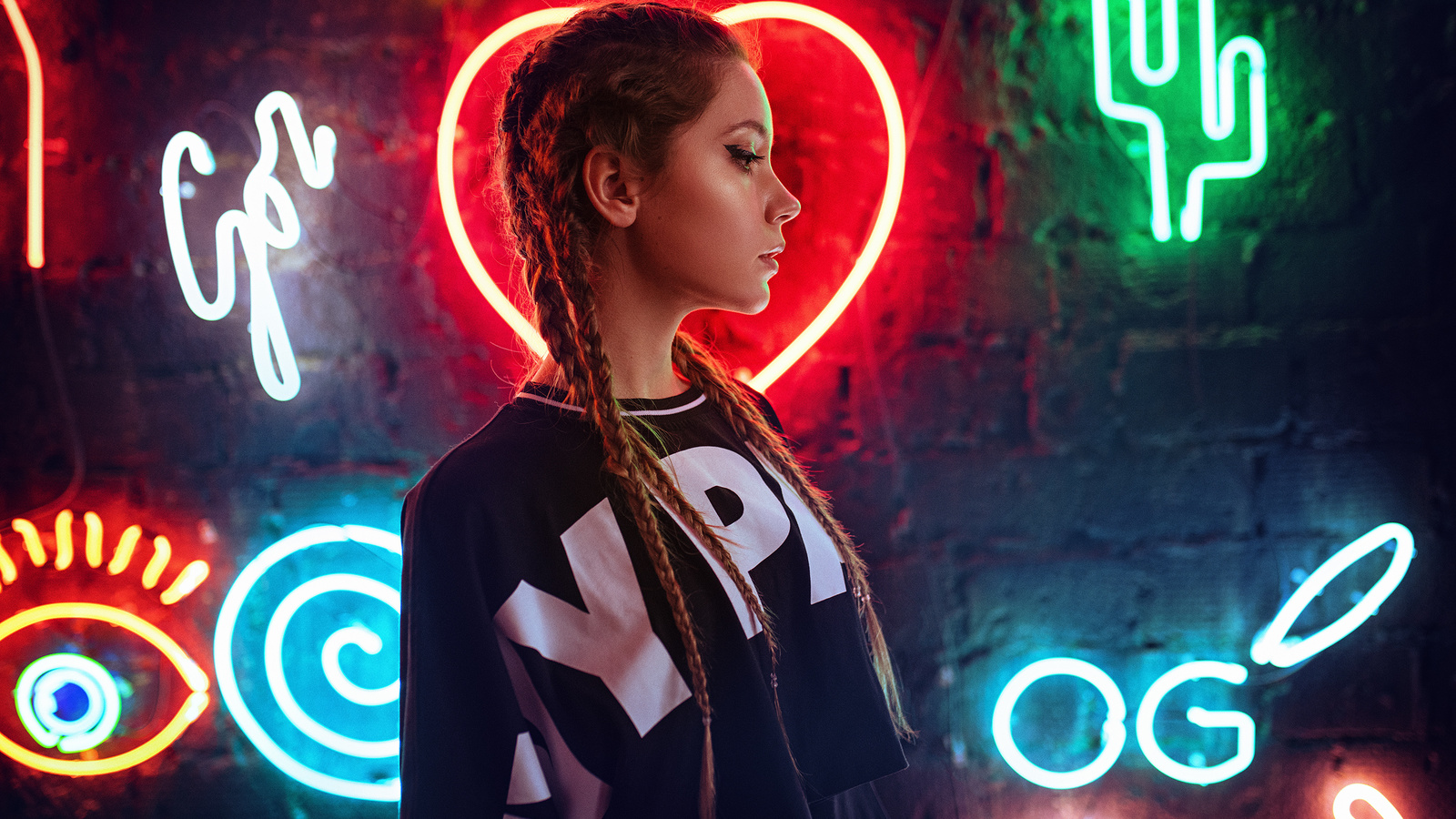 women, ksenia kokoreva, pigtails, portrait, profile, neon, wall,  , , yuriy lyamin, 