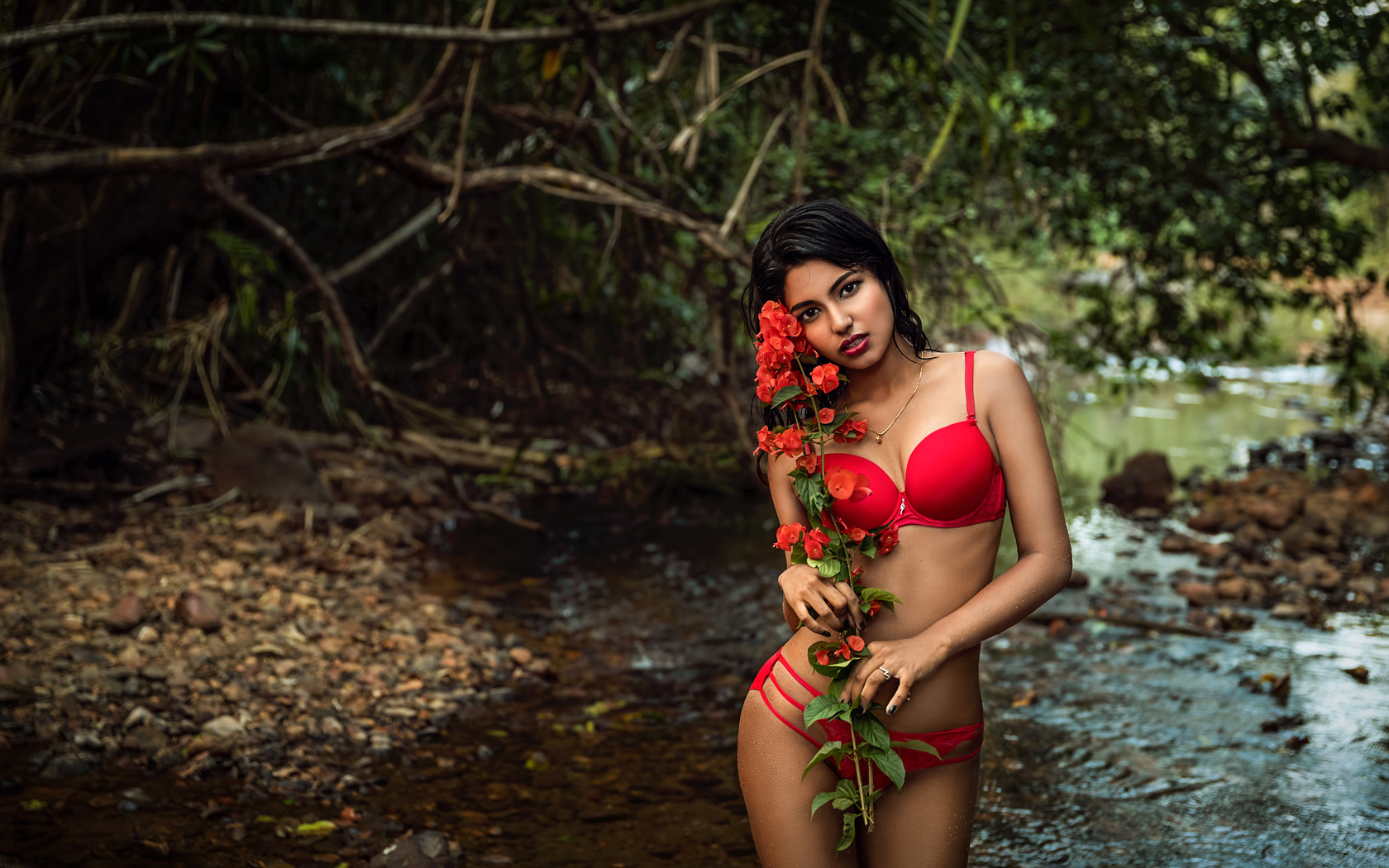 women, river, red lingerie, necklace, red lipstick, black nails, wet body, wet hair, brunette, water drops, women outdoors, flowers