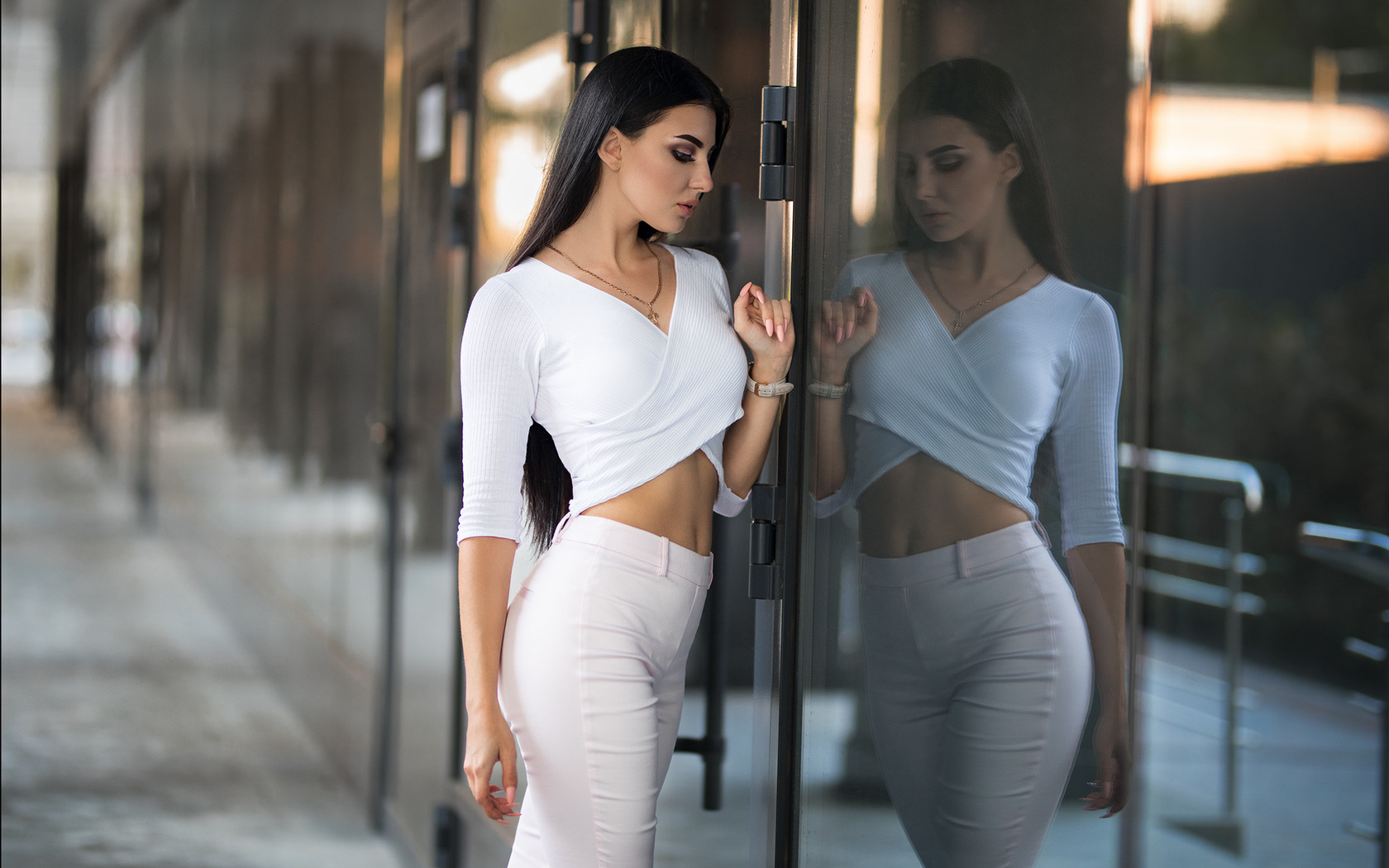 women, dmitry sn, belly, white clothing, reflection, glass, necklace, portrait, pink nails, long hair