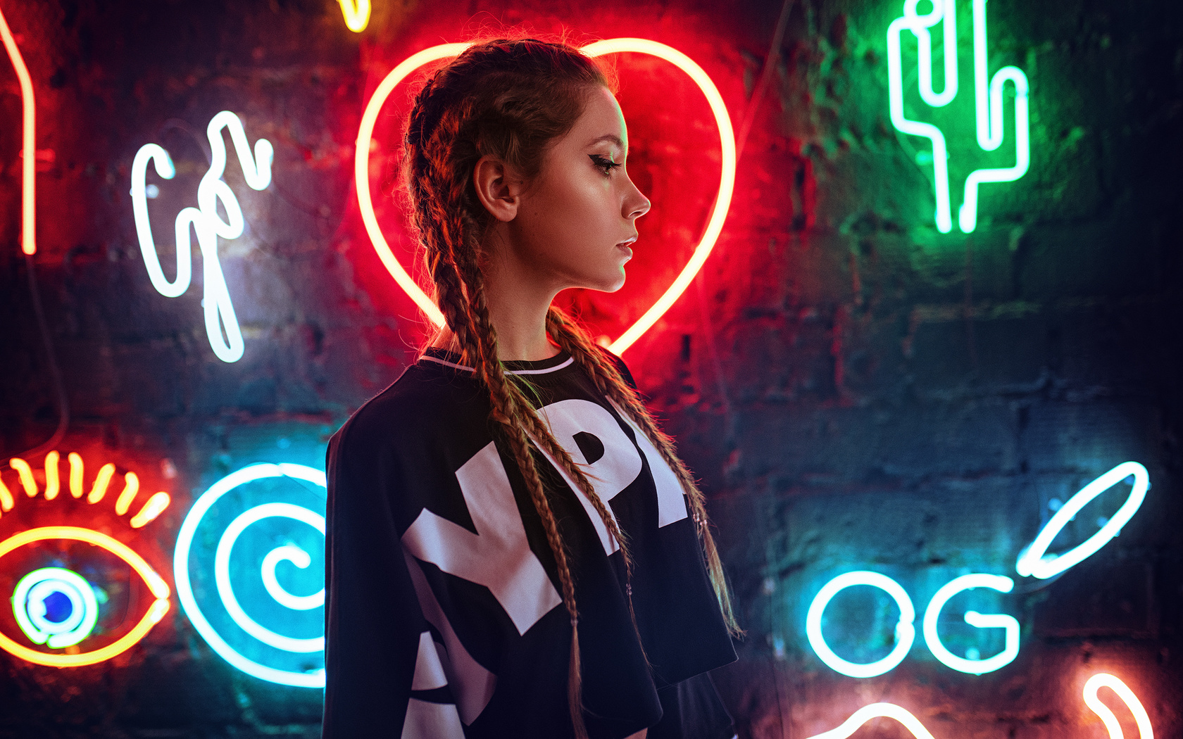 women, ksenia kokoreva, pigtails, portrait, profile, neon, wall,  , , yuriy lyamin, 