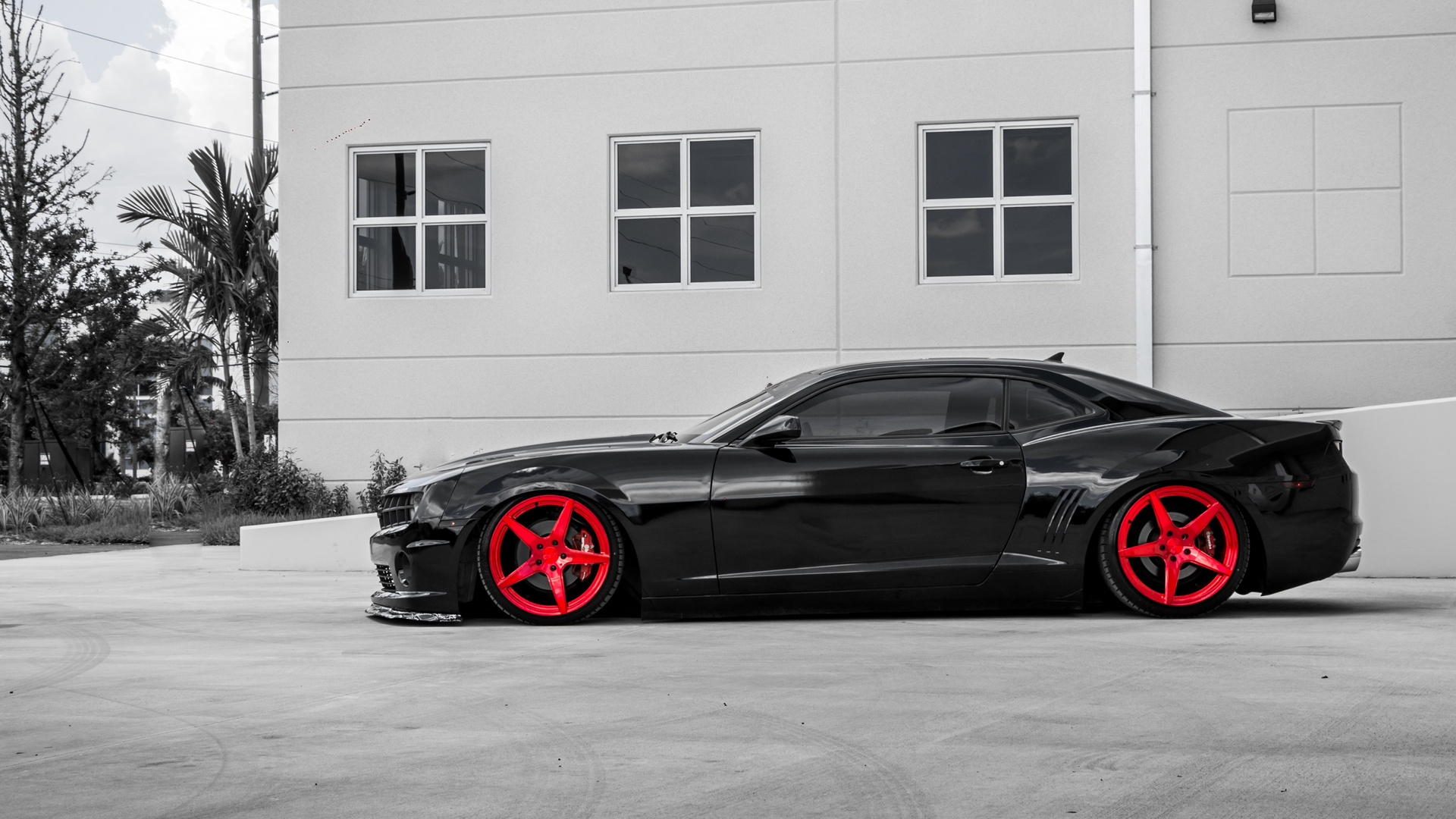 chevrolet, camaro, black, supercar, red, wheels, side view, tuning