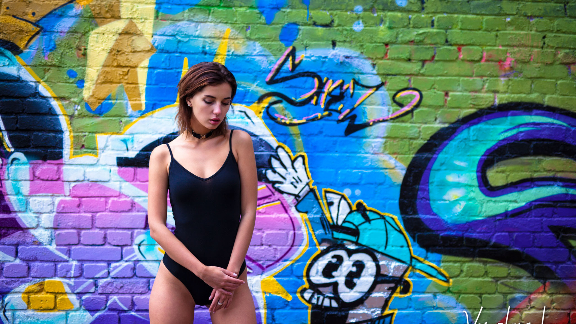 women, portrait, leotard, choker, wall, graffiti, brunette, yam-lang lee, 