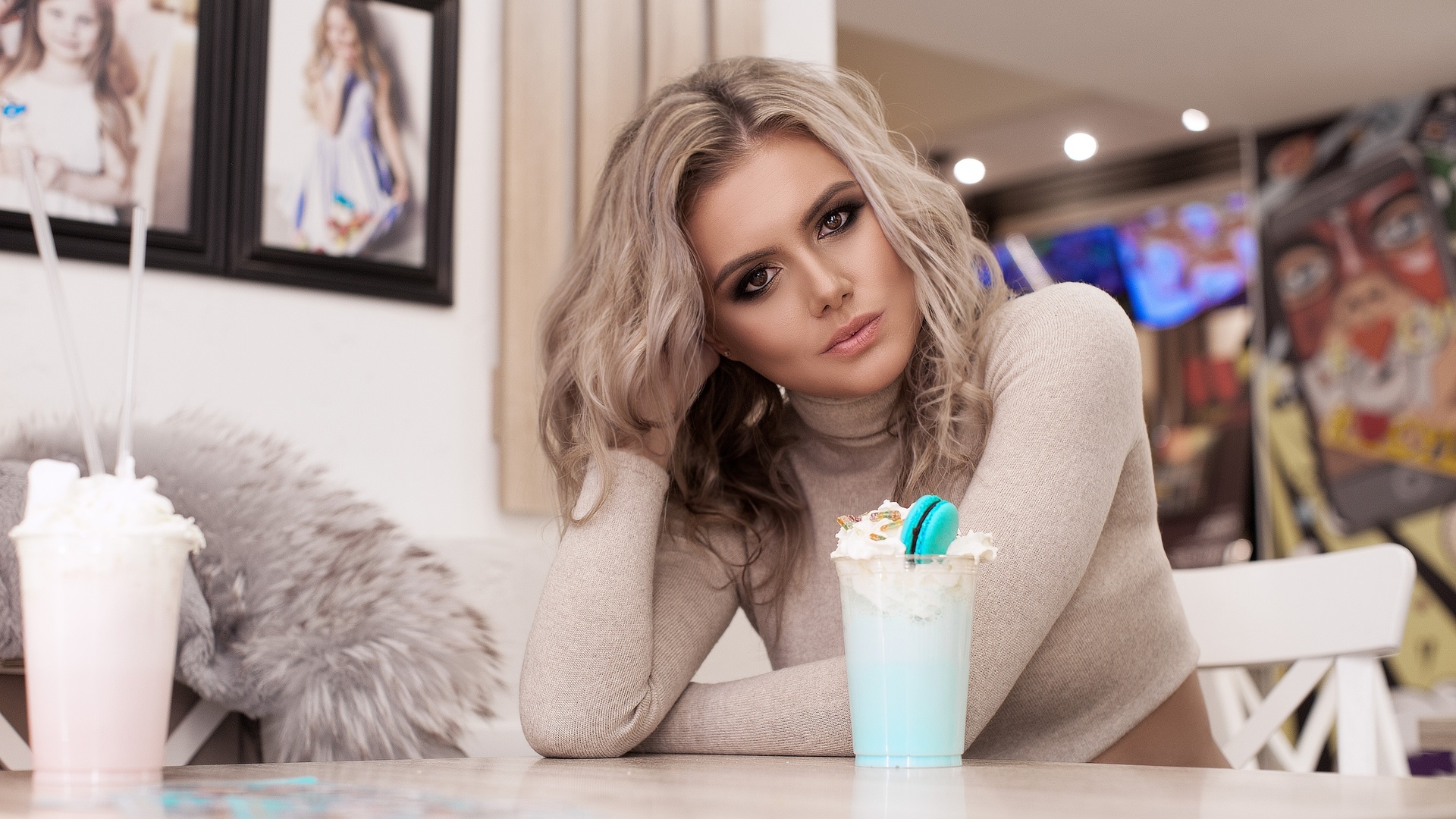 women, blonde, brunette, portrait, sitting, fur coats, chair, table