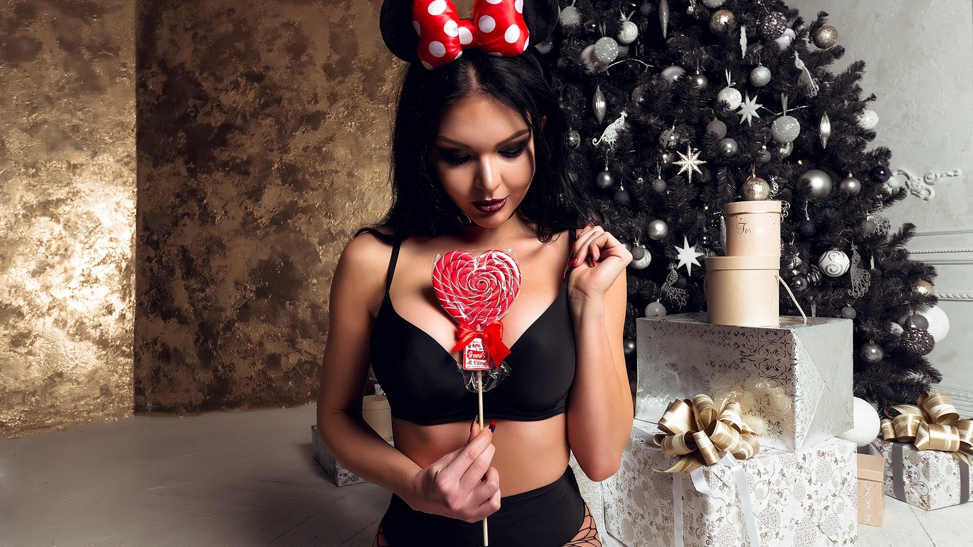 oksana bast, women, portrait, black lingerie, christmas tree, kneeling, presents, painted nails, fishnet stockings, brunette,   ,diana adrianova, , , 