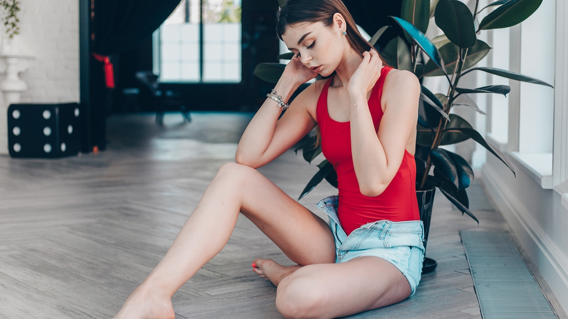 women, sitting, plants, on the floor, portrait, one-piece swimsuit, window