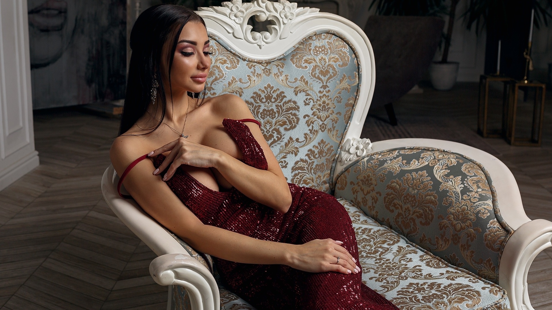 women, sitting, bare shoulders, pink nails, red dress, pink lipstick, necklace, portrait, plants, cleavage, candles